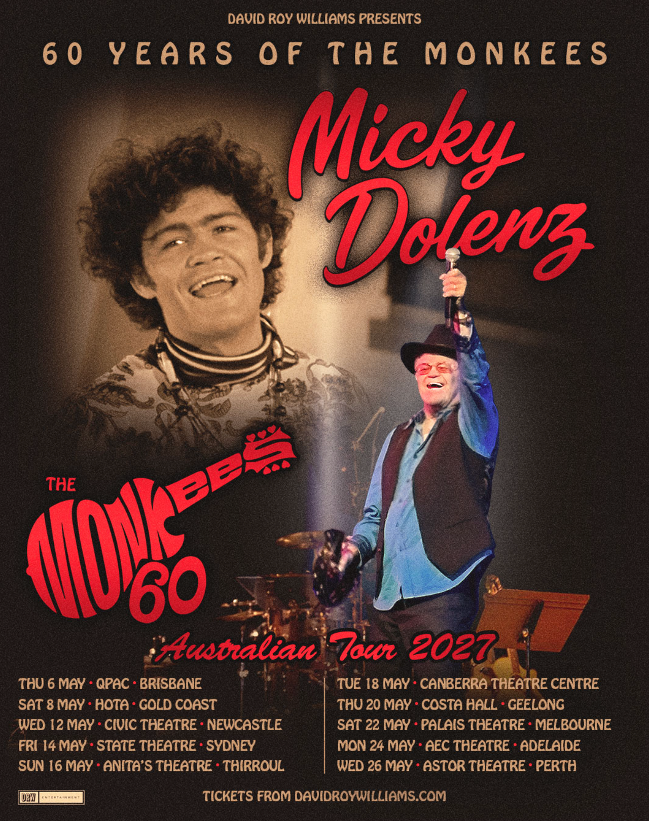 Micky Dolenz 60 Years of The Monkees Australian Tour 2027 poster showing vintage portrait, live performance photo, and May concert dates.